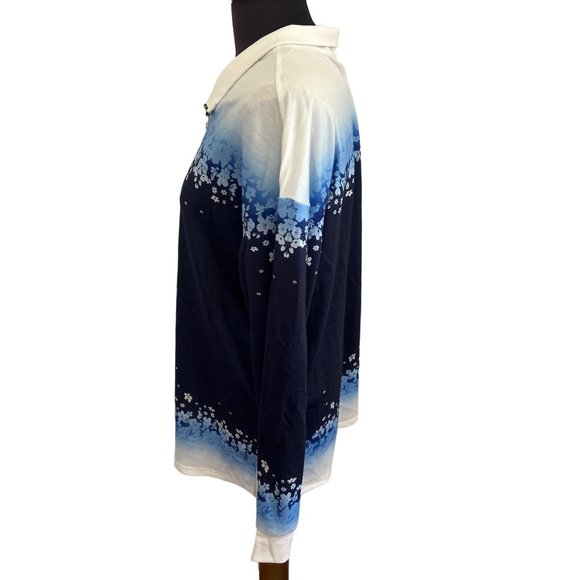 Noracora Blue & White Floral Print 1/2 Zip Long Sleeve Top, Medium - Picture 2 of 9